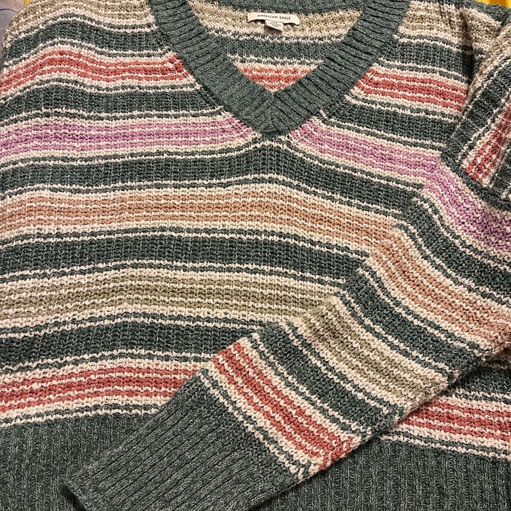 American Eagle Outfitters Multicolor Striped V-Neck Sweater